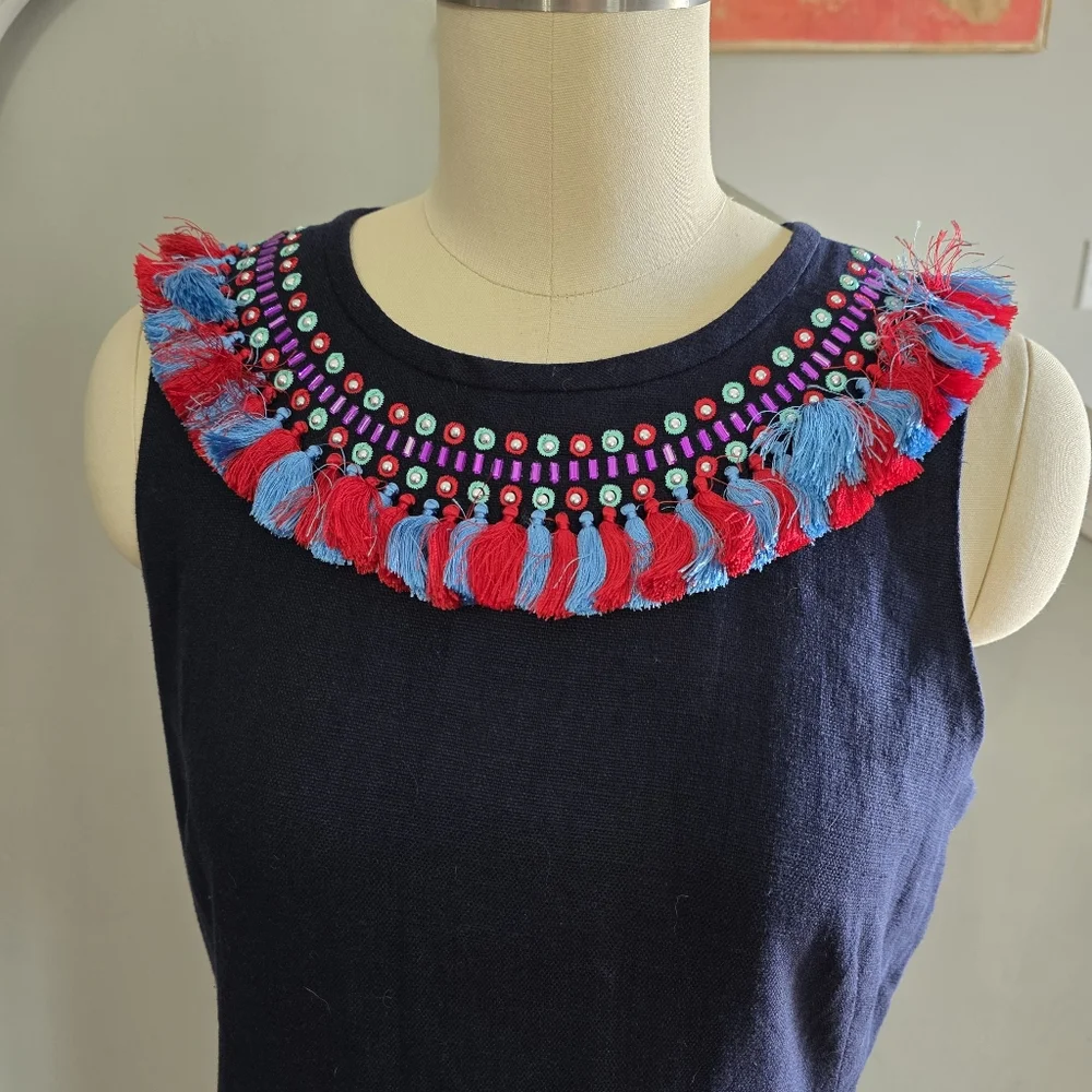 Kate Spade Dress Linen Blend Navy Blue  Fringe Size 6